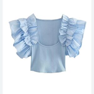 Zara Ruffled Blue Women's Top Small Crop Cottagecore Coquette Fairy